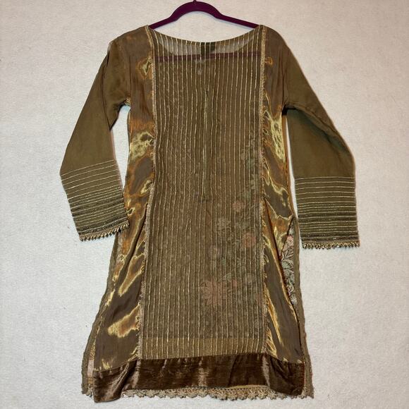 Mehndi Creations Gold Embroidered Dress Floral Beaded Indian Women's Size M - Picture 6 of 10